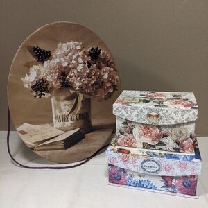 Vintage Tri Coastal Designs Oval Hat Box by Cristin Atria 2004 & 2 Bonus Boxes
